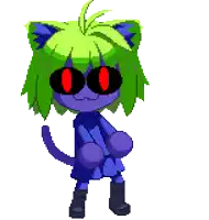 a pixel art of a girl with green hair and red eyes