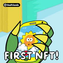 a cartoon of a hand holding a phone with the words first nft on it