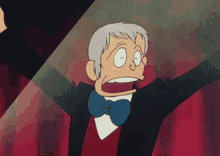 a cartoon character with gray hair and a blue bow tie