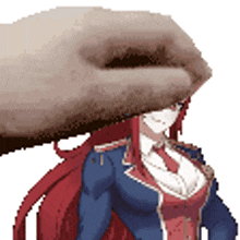 a pixel art of a woman with red hair and a hand covering her face
