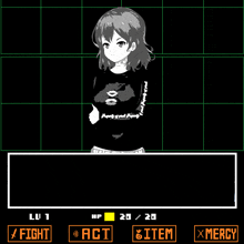 a video game screen shows a girl with a shirt that says " property of and belongs "