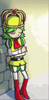 a cartoon character with a crown on his head is standing in front of a wall .