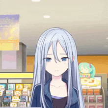 a anime girl with long white hair and blue eyes is standing in a store .