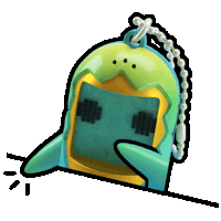 a cartoon drawing of a green and yellow toy with a chain around it