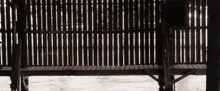 a black and white photo of a wooden bench under a wooden fence .