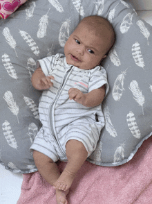 a baby is laying on a feathered pillow