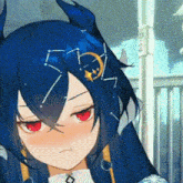 a blue haired anime girl with red eyes and a crescent moon on her head .