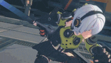 a girl with headphones on is holding a gun