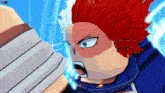a close up of a cartoon character with red and white hair