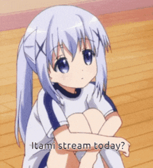 a girl is sitting on the floor with the words " itami stream today " written below her