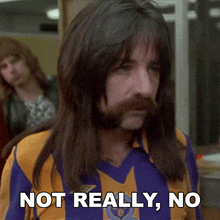 a man with long hair and a beard says " not really , no "