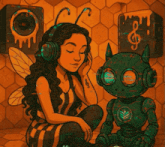 a cartoon drawing of a woman in a bee costume and a robot