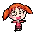 a cartoon girl with red hair is making a funny face with her eyes swirling .