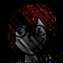 a drawing of a person with red hair and blue eyes with the letter c on their forehead