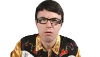 a man wearing glasses and a gold shirt with chinese writing