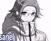 a drawing of a girl wearing glasses and a jacket with the name sariel on the bottom