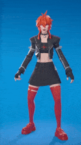 a girl with red hair is wearing a black skirt and red stockings