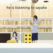 a cartoon of a girl sitting in a chair with the words he is listening to sayako