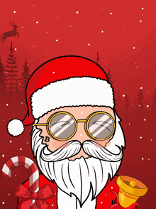 a cartoon drawing of santa claus wearing sunglasses and a candy cane
