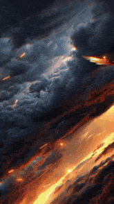 a painting of a plane flying through a cloudy sky at sunset