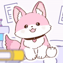 a pink and white dog with a heart on its collar is sitting next to a book .