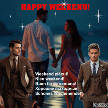 a picture of a man and a woman holding hands with the words weekend written above them