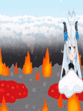 a cartoon drawing of a girl with white hair and horns surrounded by fire