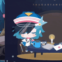 a cartoon character is sitting at a table with fragariamei written on the bottom