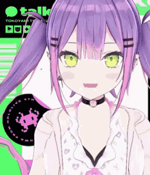 a close up of a anime girl with purple hair and green eyes