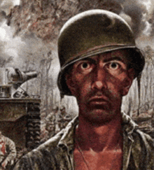 a soldier wearing a helmet looks at the camera