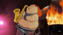 a cartoon character is playing a saxophone in front of a fox sign