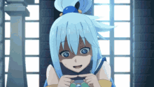 a girl with blue hair and blue eyes making a face