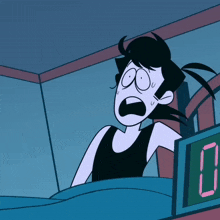 a cartoon character is laying in bed next to a digital clock that says 0:00