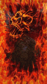 a painting of a skull in flames with a pentagram in the background