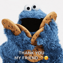 a cookie monster says thank you my friend with his mouth open