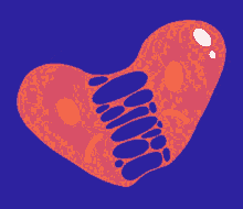 a red heart on a blue background with a sad face on it