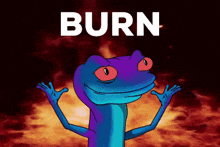 a blue and purple lizard with red eyes is standing in front of a burning fire