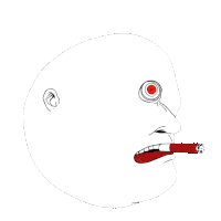 a drawing of a face with a red eye and a cigarette in his mouth