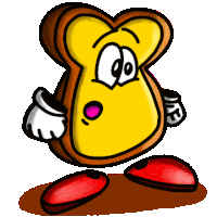 a cartoon drawing of a slice of toast with red legs