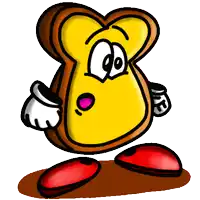 a cartoon drawing of a slice of toast with red legs
