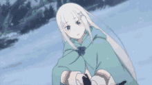 a girl with white hair and purple eyes is looking at the camera