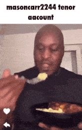 a bald man is eating food from a bowl with a spoon .