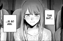 a black and white drawing of a woman with the words this shit
