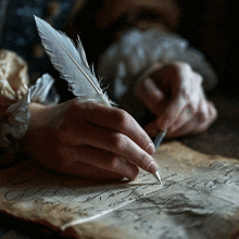 a person is writing on a piece of paper with a white feather pen
