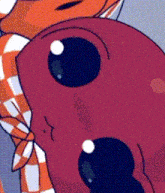 a close up of a cartoon character with big eyes and a scarf around his neck .