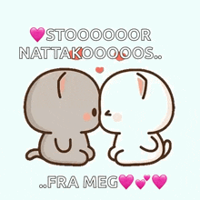 a cartoon of two cats kissing with the words " stooooooor nattaooooos fra meg " written below them