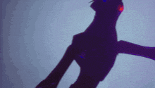 a shadow of a person with a red eye is against a blue background