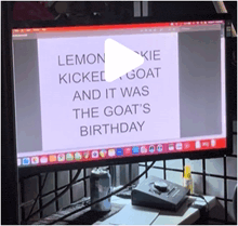 a computer monitor displays a screen that says lemon kicked goat and it was the goats birthday