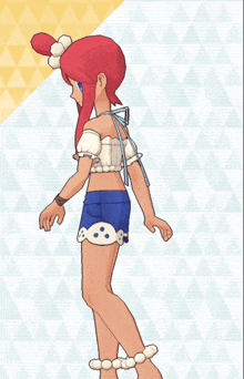 a girl with red hair and blue shorts is standing in front of triangles