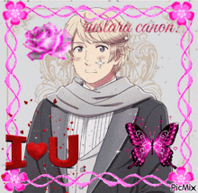 a picture of a man with the words i love you surrounded by pink butterflies and flowers